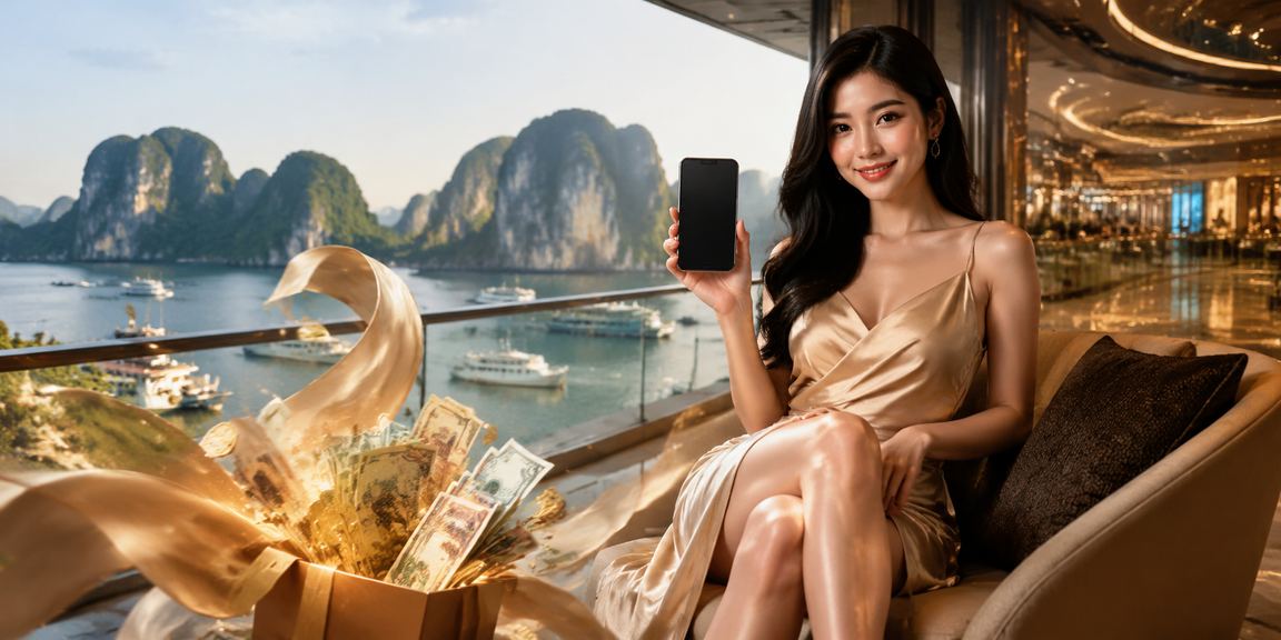 Người dùng nhận cashback và thưởng bonus khi chơi game trực tuyến với nền cảnh vịnh Hạ Long