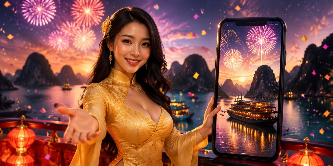 Người dùng Việt Nam mặc áo dài trải nghiệm nạp tiền và nhận thưởng tại vịnh Hạ Long tươi đẹp