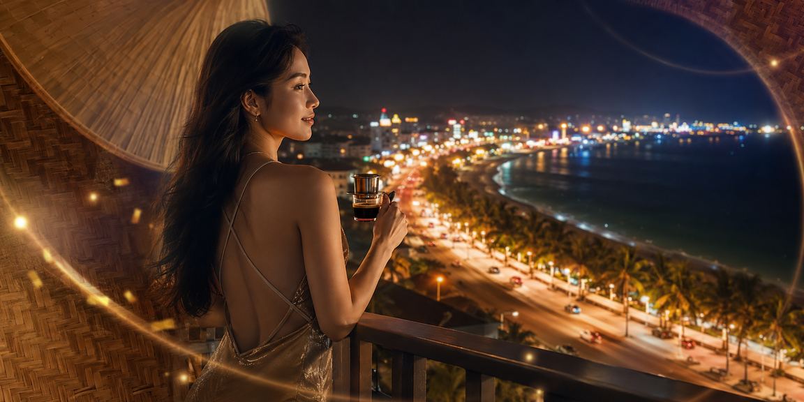 Người dùng Phan Thiết đội nón lá sử dụng ứng dụng casino trực tuyến bên bờ biển